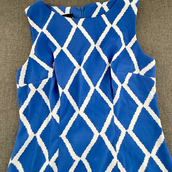 ALYX Sheath Dress Geometric Blue & White Sleeveless Boat Neck Size 8 Work Office - Picture 6 of 14